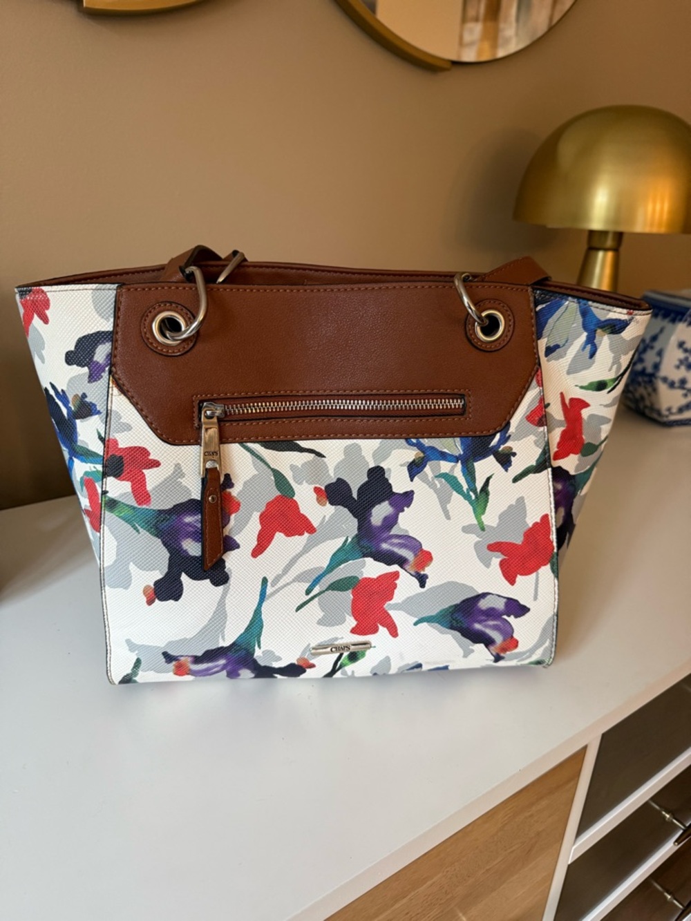 Chaps White Floral Shoulder Bag with Brown Trim